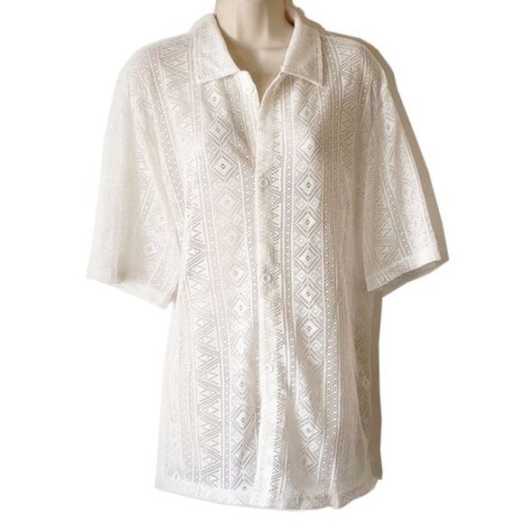 Incerun Unisex Crochet Lace Button Down Short Sleeve Shirt XL White - Picture 1 of 7